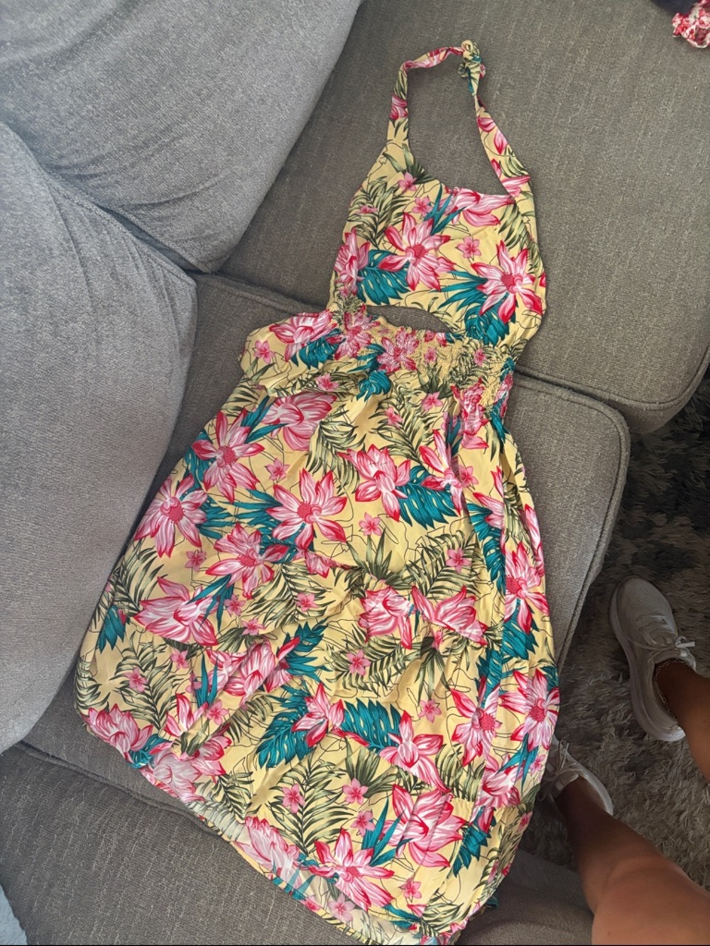 Yellow Tropical Floral Backless Halter Dress